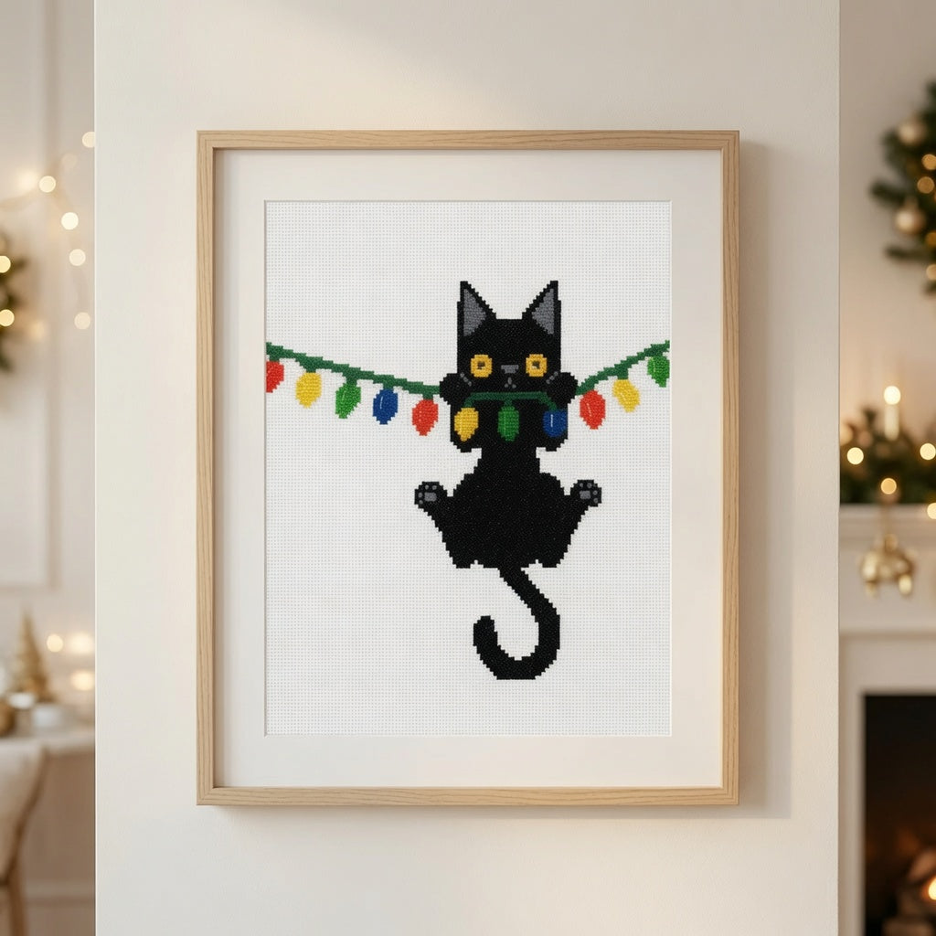 Christmas Black Cat Hanging from Lights Counted Cross Stitch Pattern
