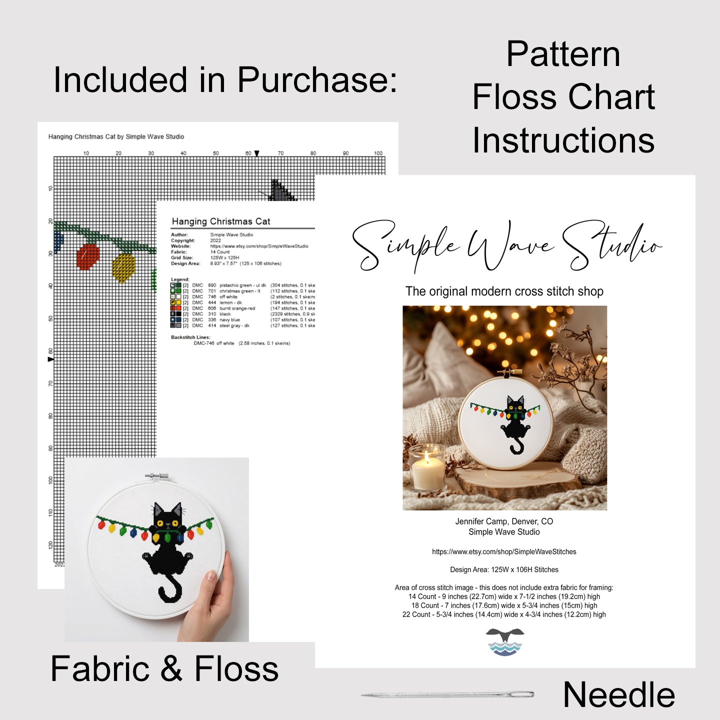 Christmas Black Cat Hanging from Lights Counted Cross Stitch Pattern
