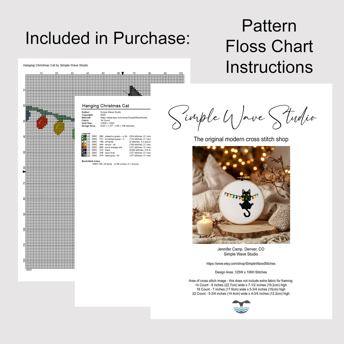 Christmas Black Cat Hanging from Lights Counted Cross Stitch Pattern