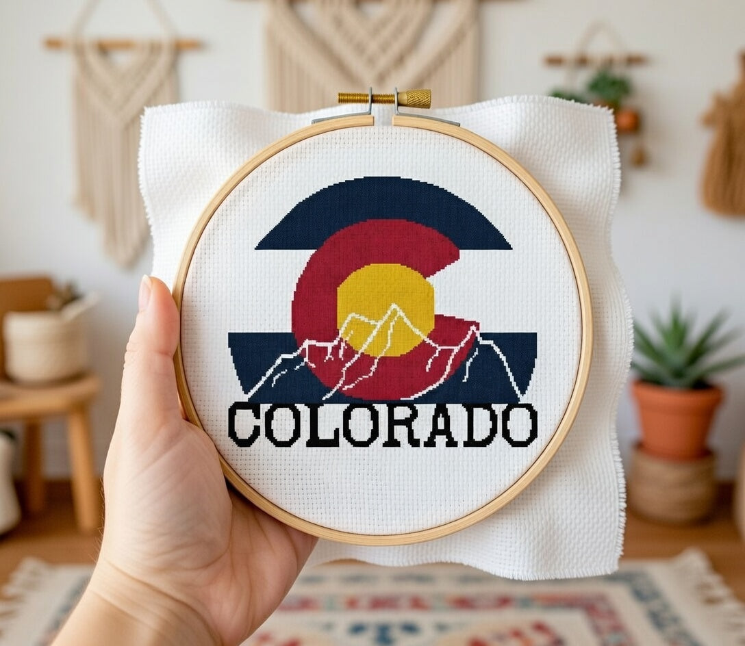 Colorado Flag with the Rocky Mountains