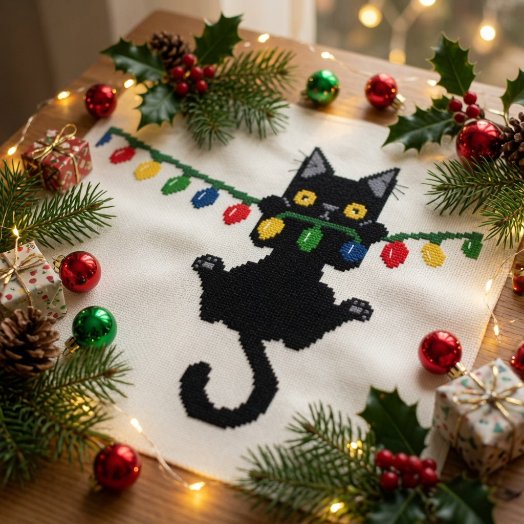 Christmas Black Cat Hanging from Lights Counted Cross Stitch Pattern