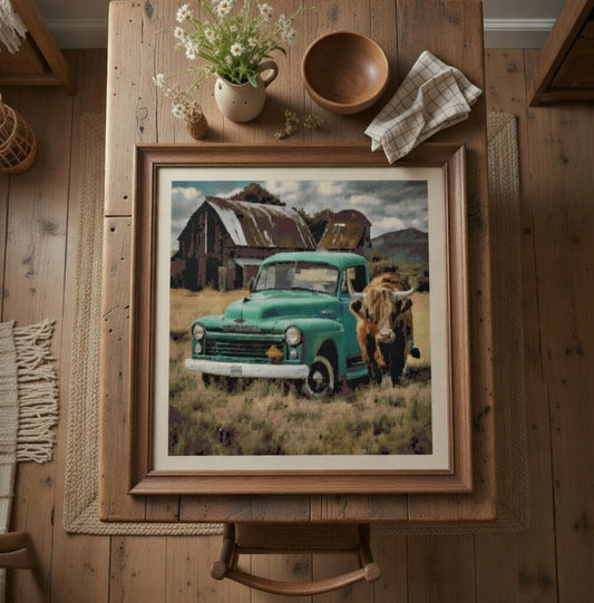 Highland Cow with Vintage Truck