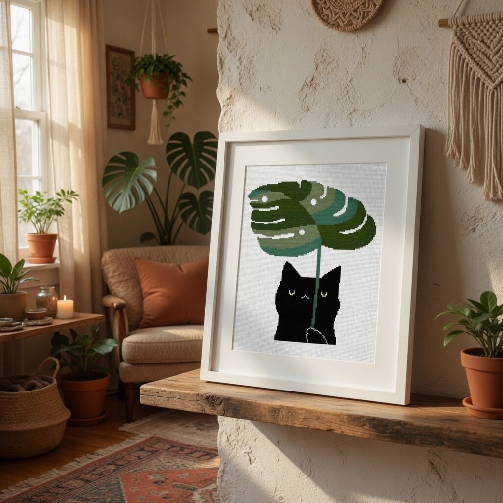 Black Cat with Monstera Leaf