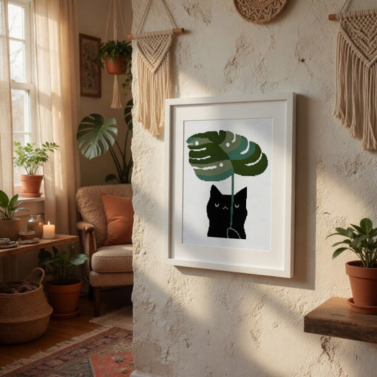 Black Cat with Monstera Leaf
