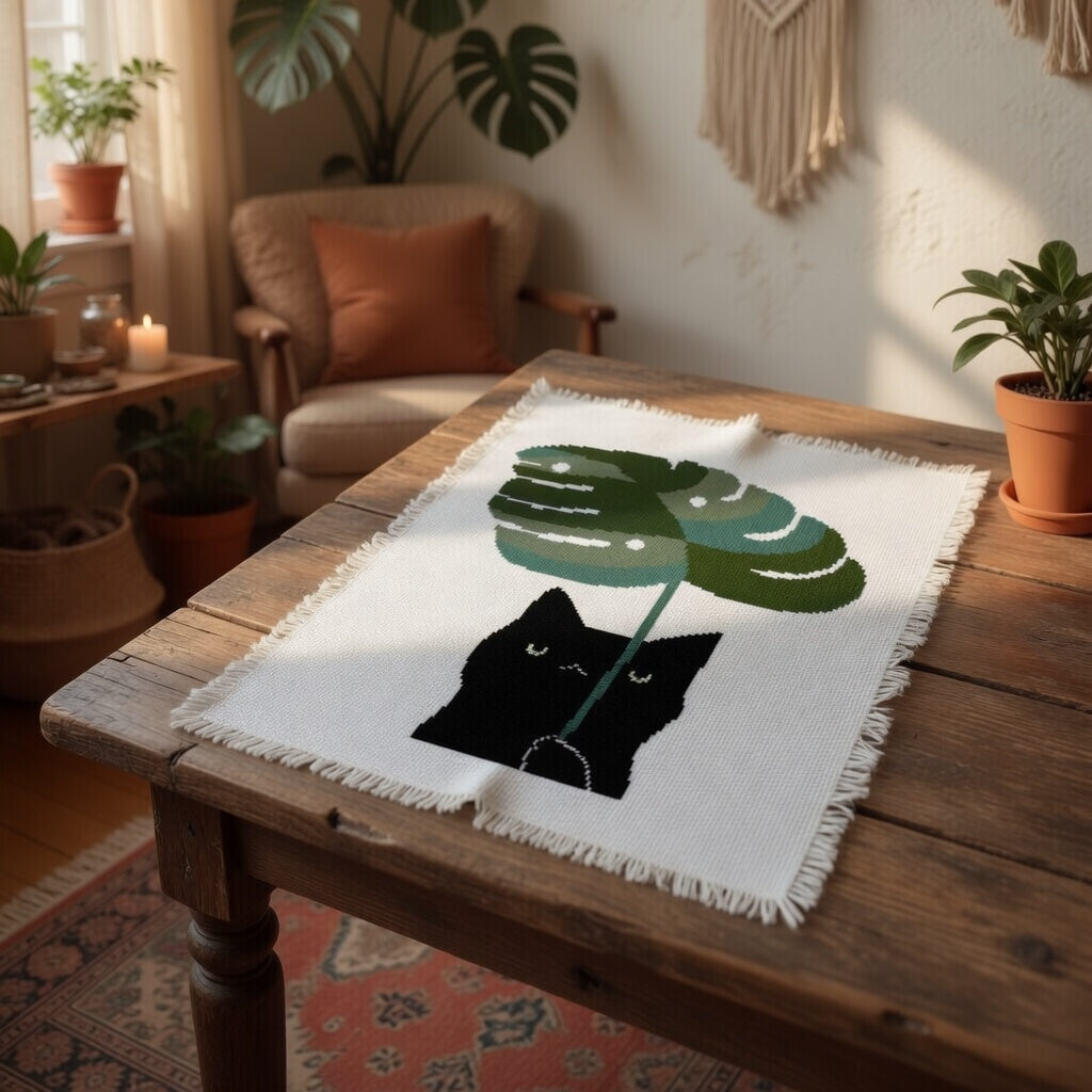 Black Cat with Monstera Leaf