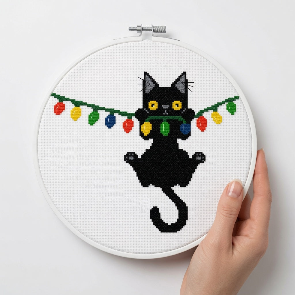 Christmas Black Cat Hanging from Lights Counted Cross Stitch Pattern