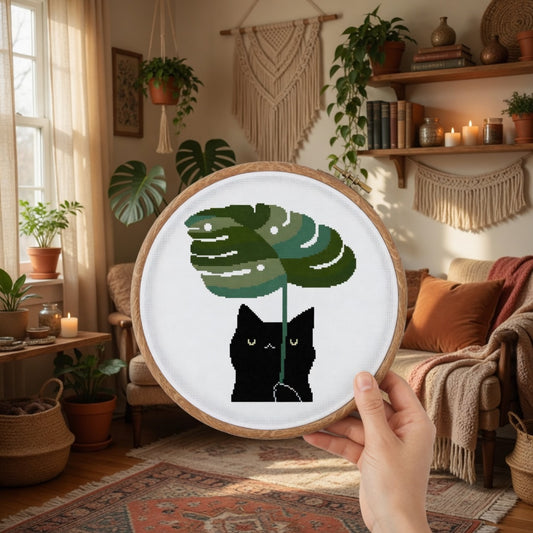 Black Cat with Monstera Leaf