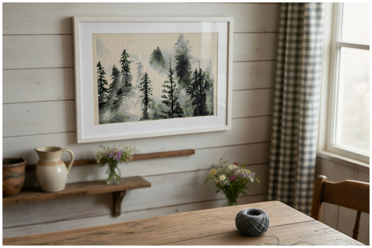 Foggy Evergreen Trees Mountain Landscape