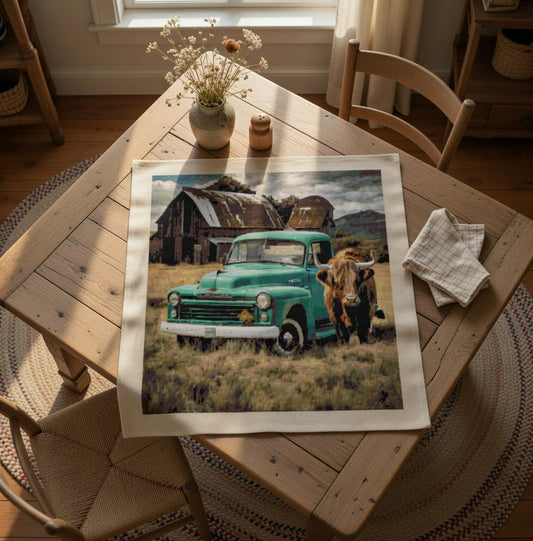 Highland Cow with Vintage Truck