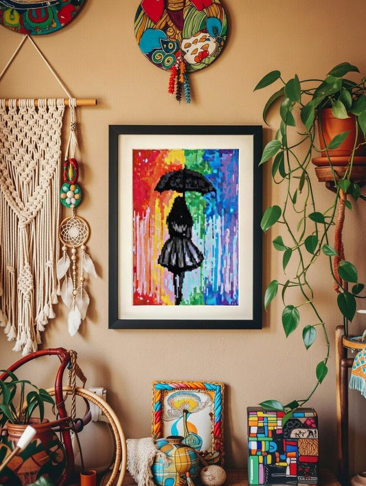 Girl with Umbrella in the Rainbow Rain