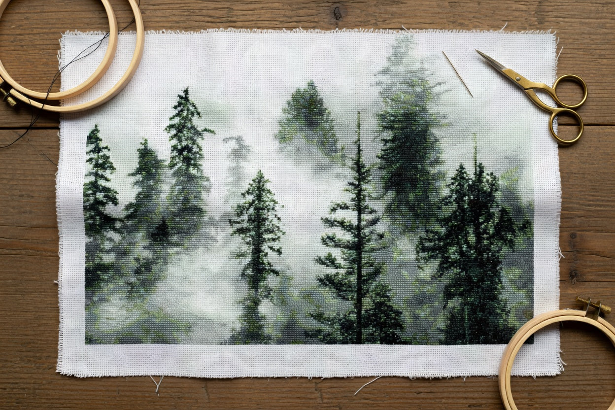 Foggy Evergreen Trees Mountain Landscape