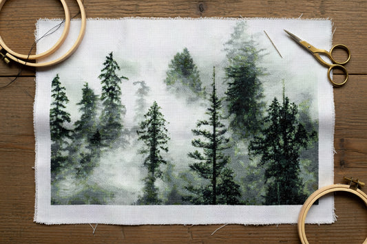 Foggy Evergreen Trees Mountain Landscape